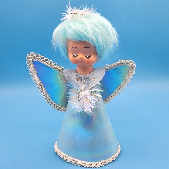 Vintage 1960s Blue Hair Angel Tree Topper Iridescent Gown Tinsel Halo Retro Xmas - Picture 5 of 12